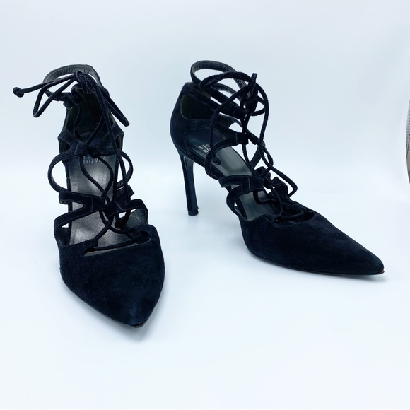 Stuart Weiztman size 6.5 Black Suede Lace Up Heels / Pumps - Picture 2 of 11